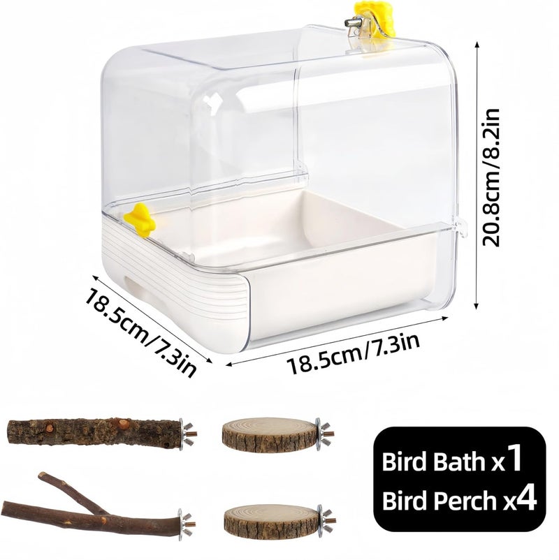 Dmnnlp Hanging Bird Bath for Cage, with Wood Perches, Bird Cage Accessories for Small Medium Birds Lovebird, Parakeet, Cockatiel, Essential Bird 7.3" x 7.3" x 8.2" (White) - Image 2